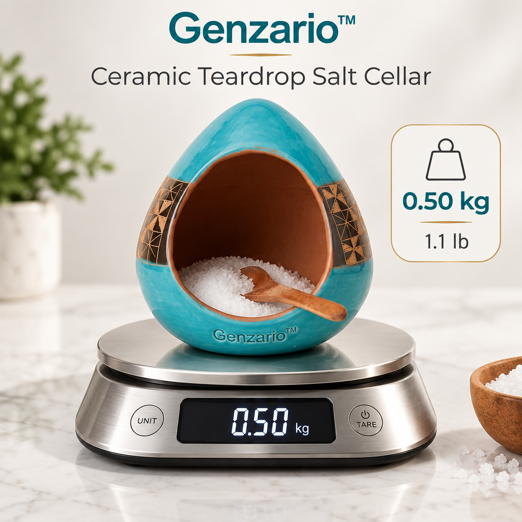 Genzario™ Turquoise Teardrop Ceramic Salt Cellar with Wooden Spoon