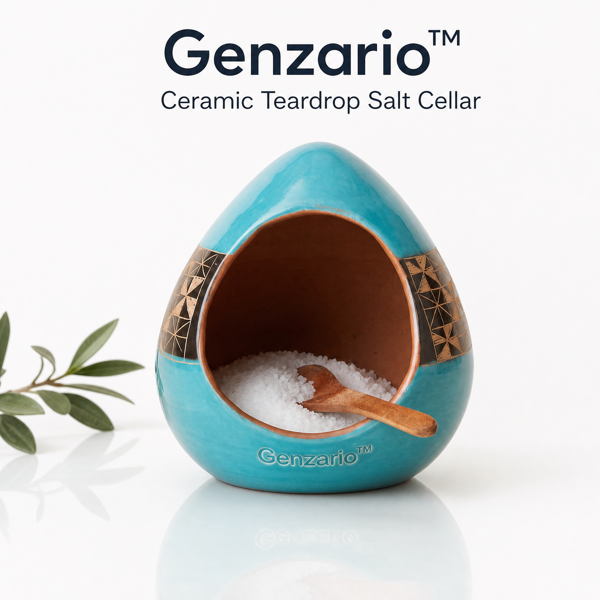 Genzario™ Turquoise Teardrop Ceramic Salt Cellar with Wooden Spoon