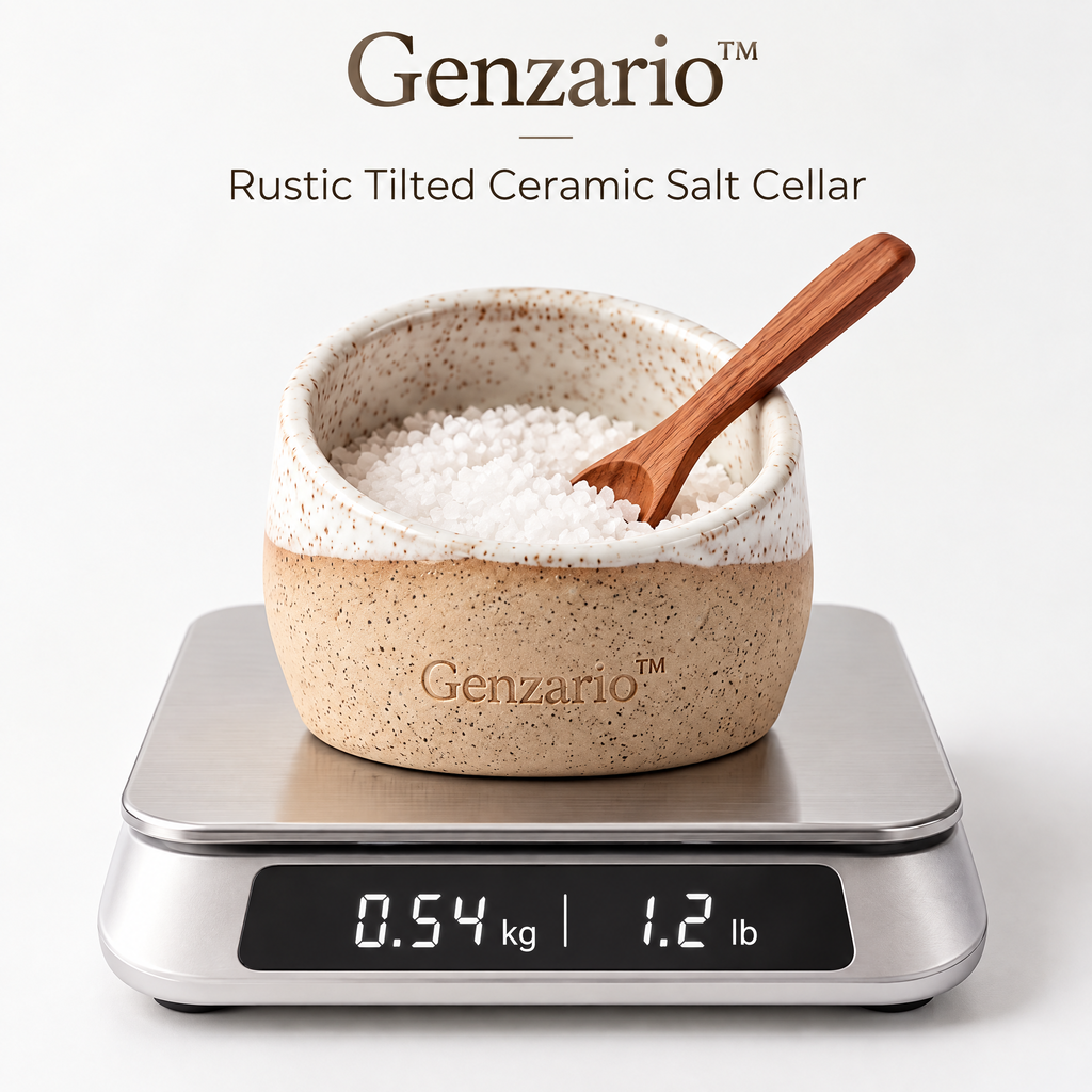 Genzario™ Rustic Tilted Ceramic Salt Cellar with Wooden Spoon