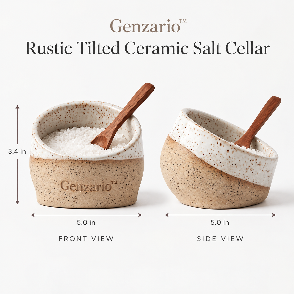 Genzario™ Rustic Tilted Ceramic Salt Cellar with Wooden Spoon