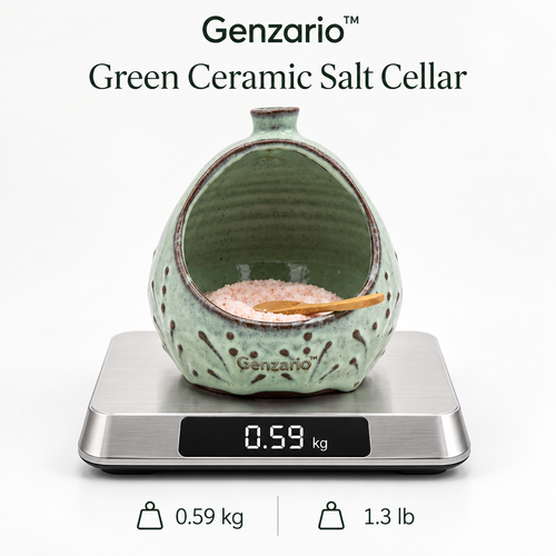 Genzario™ Meadow Glaze Ceramic Salt Cellar with Wooden Spoon