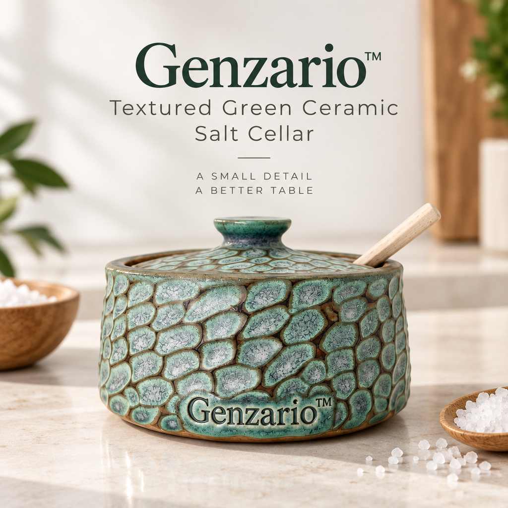 Genzario™ Verdant Pebble Textured Ceramic Salt Cellar with Spoon