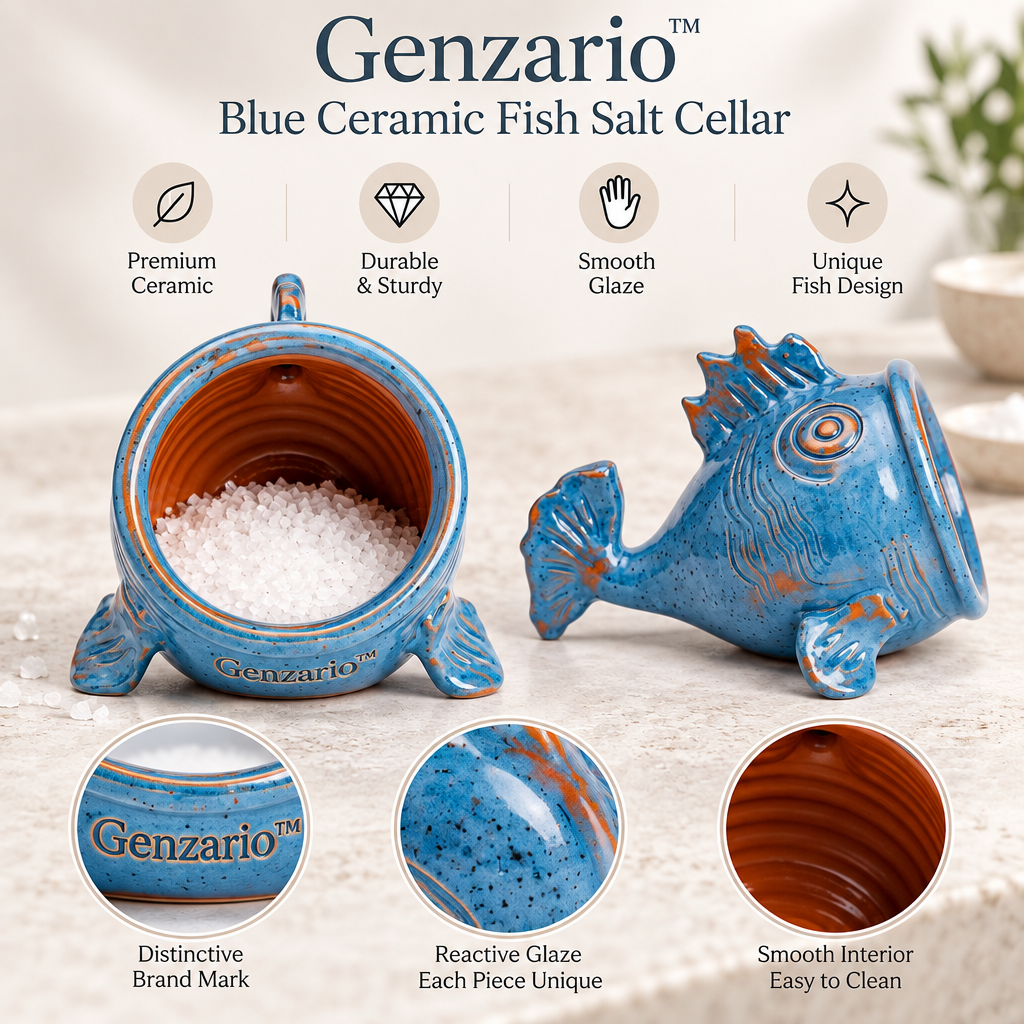 Genzario™ Azure Catch Sculptural Ceramic Fish Salt Cellar