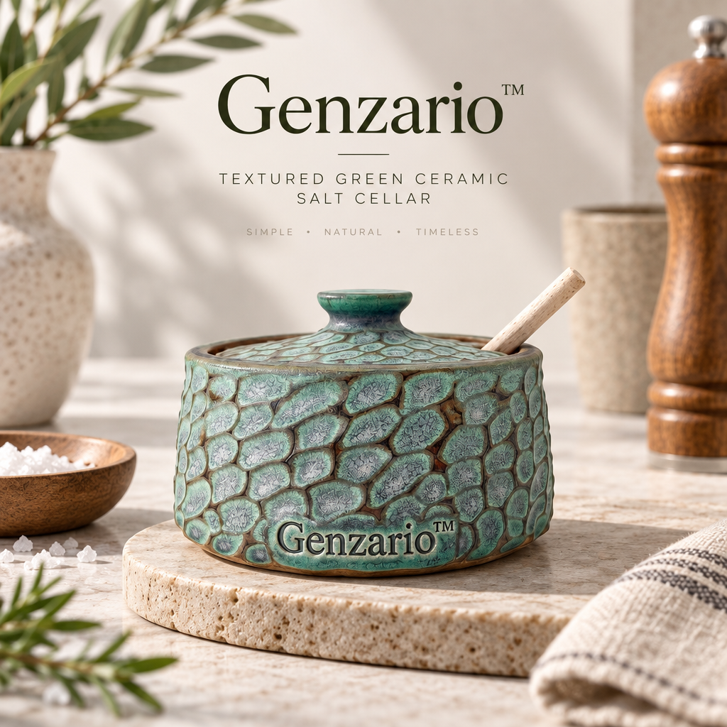 Genzario™ Verdant Pebble Textured Ceramic Salt Cellar with Spoon