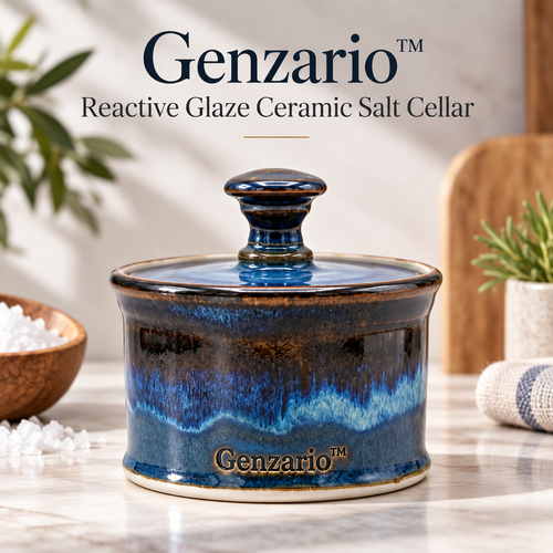 Genzario™ Midnight Tide Reactive Glaze Ceramic Salt Cellar with Lid