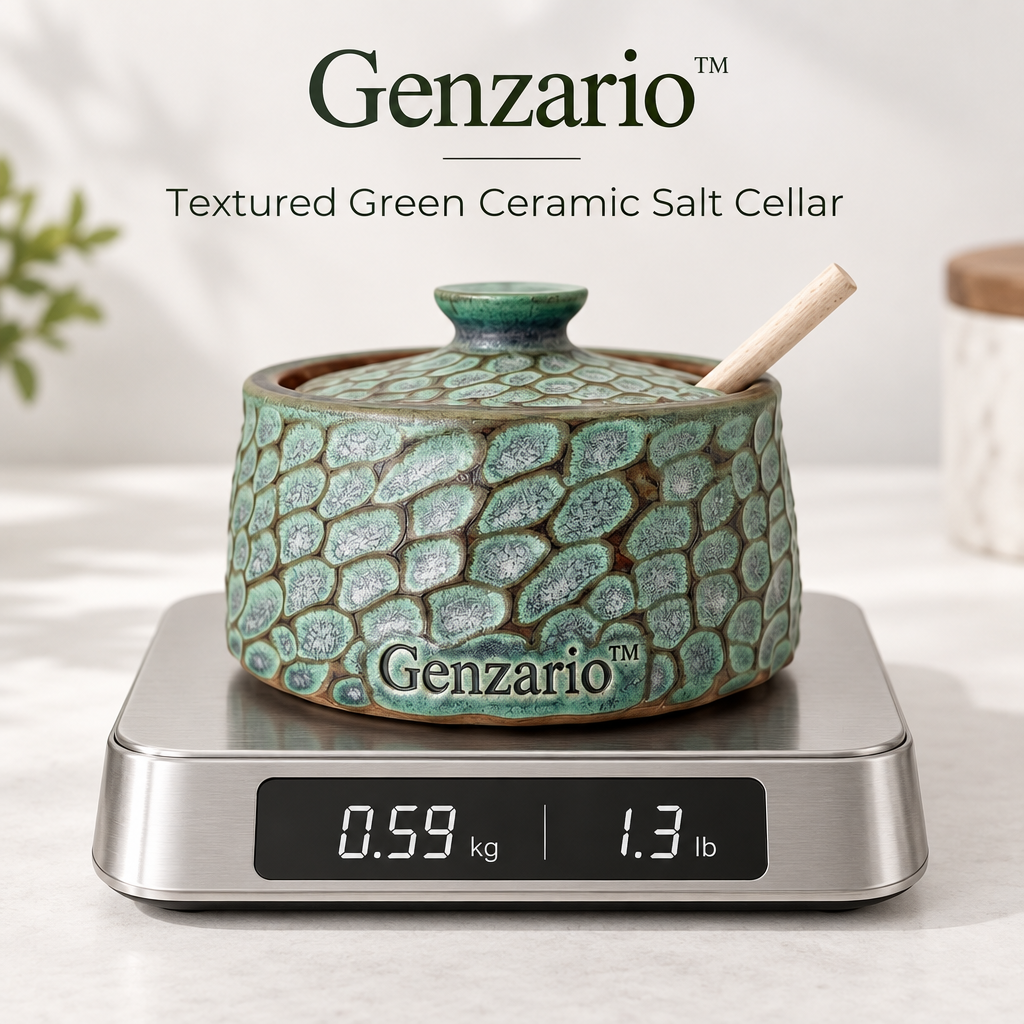 Genzario™ Verdant Pebble Textured Ceramic Salt Cellar with Spoon