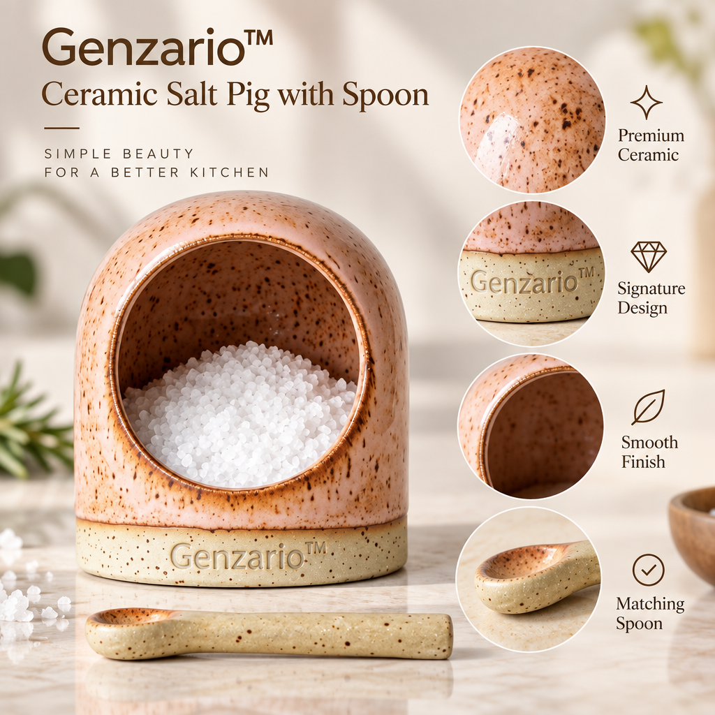 Genzario™ Blush Speckle Ceramic Salt Pig with Matching Spoon