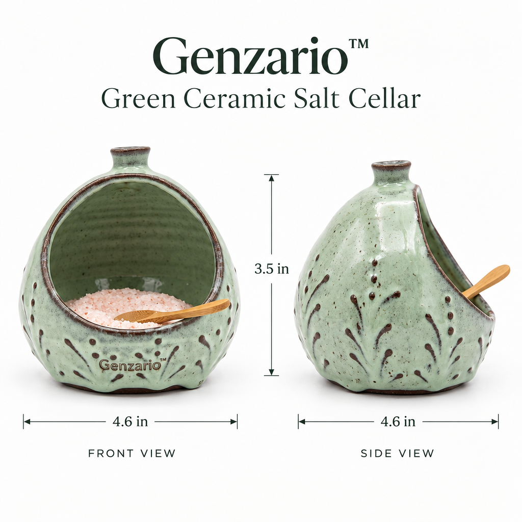 Genzario™ Meadow Glaze Ceramic Salt Cellar with Wooden Spoon