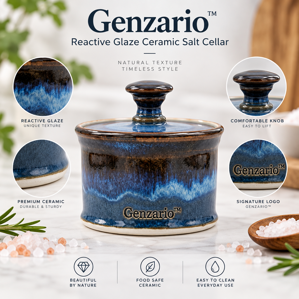 Genzario™ Midnight Tide Reactive Glaze Ceramic Salt Cellar with Lid