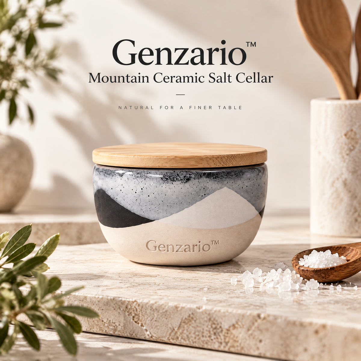 Genzario™ Mountain Glaze Ceramic Salt Cellar with Bamboo Lid