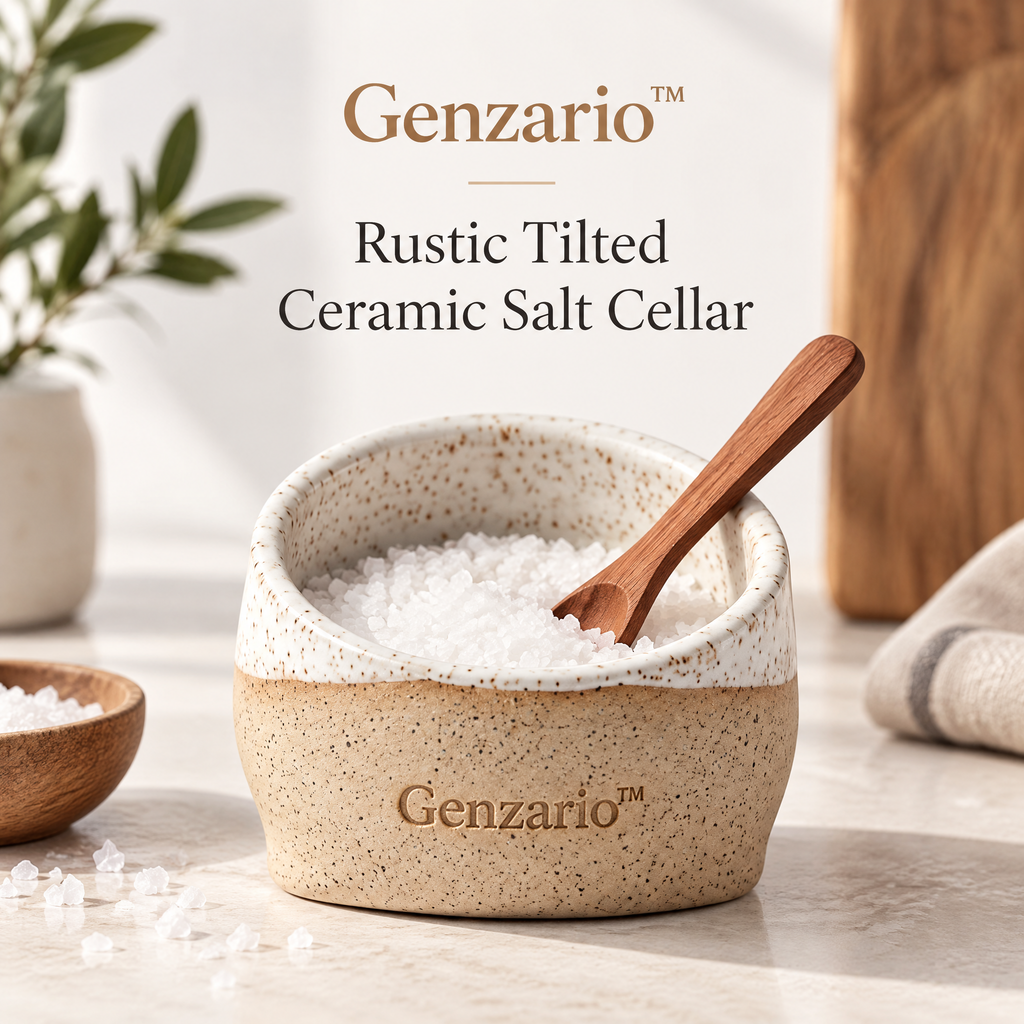 Genzario™ Rustic Tilted Ceramic Salt Cellar with Wooden Spoon