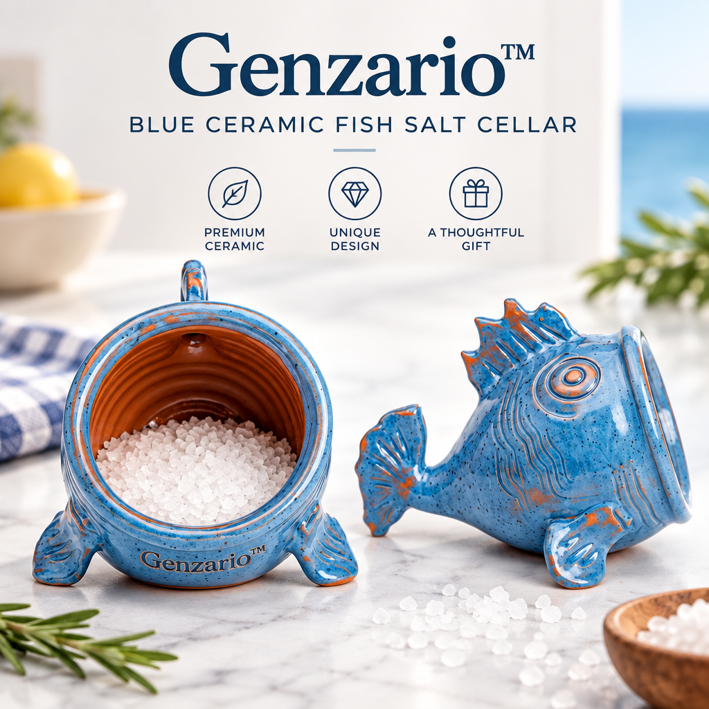 Genzario™ Azure Catch Sculptural Ceramic Fish Salt Cellar