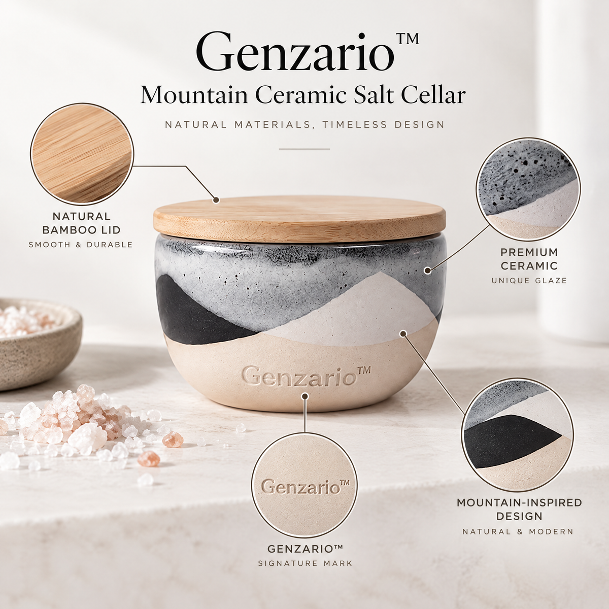 Genzario™ Mountain Glaze Ceramic Salt Cellar with Bamboo Lid