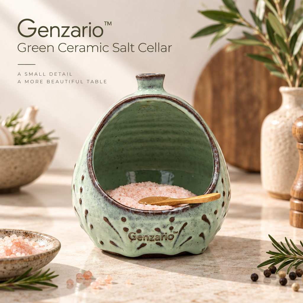 Genzario™ Meadow Glaze Ceramic Salt Cellar with Wooden Spoon