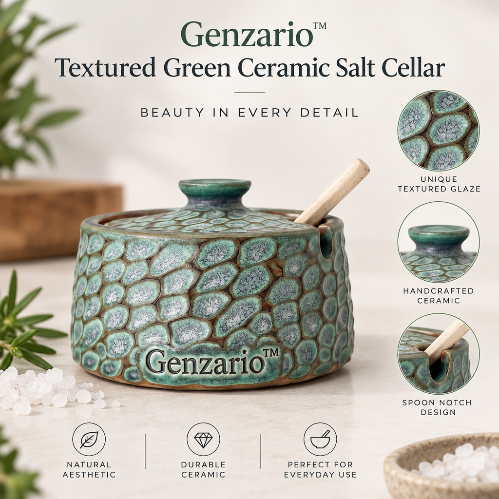Genzario™ Verdant Pebble Textured Ceramic Salt Cellar with Spoon