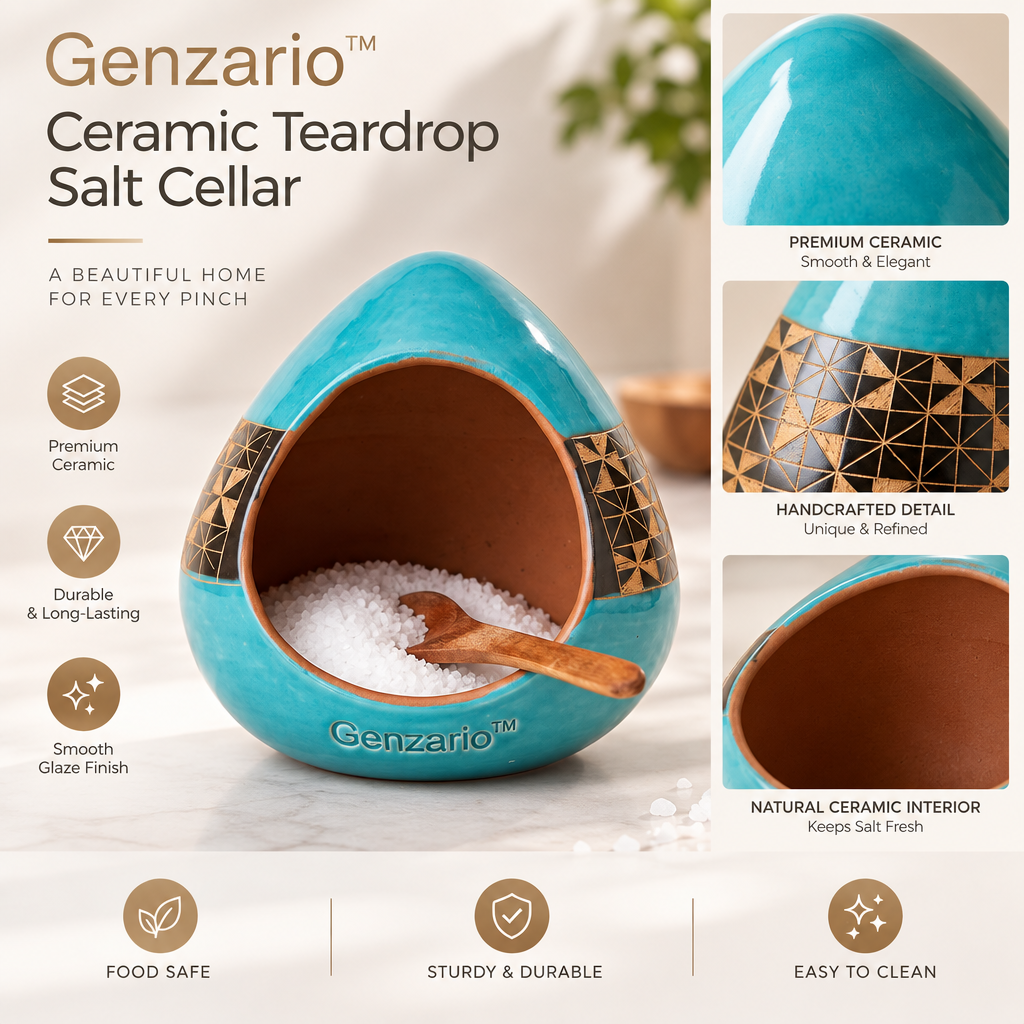 Genzario™ Turquoise Teardrop Ceramic Salt Cellar with Wooden Spoon