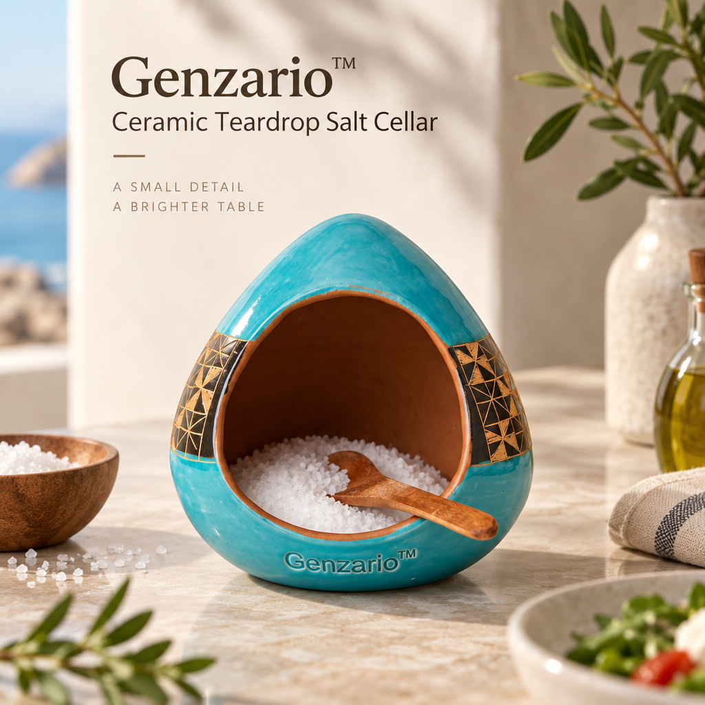 Genzario™ Turquoise Teardrop Ceramic Salt Cellar with Wooden Spoon